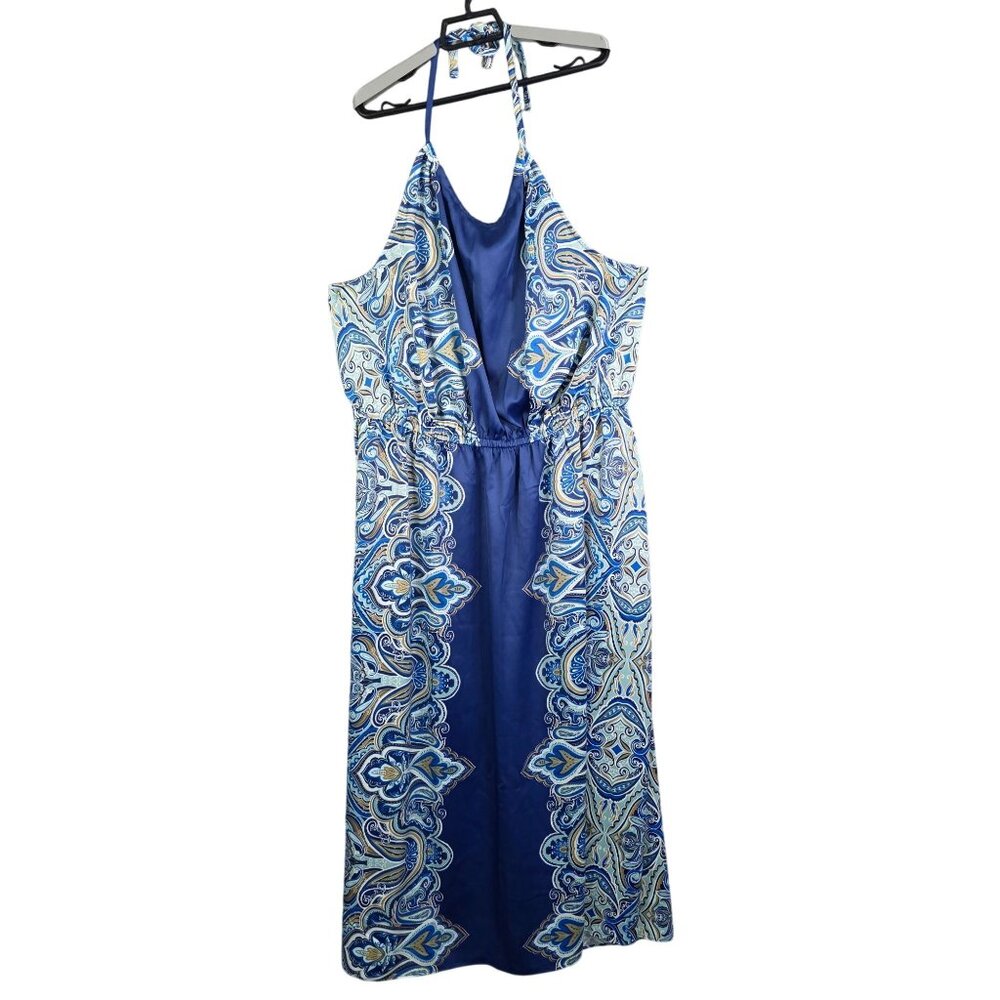 Womens Blue Paisley Halter Maxi Dress With Elastic Waist 100% Polyester Size M
